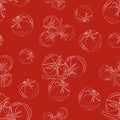 Seamless pattern of tomatoes white outline on a red background