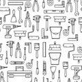 Seamless pattern with tools for construction and repair. Black on white. Line illustration