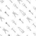 Seamless pattern tools for the garden. Vector illustration of a shovel, hoe, rake, hand saw and pruner