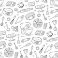 Seamless pattern with tools for making cakes, cookies and pastries. Doodle confectionery tools - stationary dough mixer
