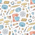 Seamless pattern with tools for making cakes, cookies and pastries. Doodle confectionery tools - stationary dough mixer