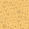 Seamless pattern with tools for making cakes, cookies and pastries. Doodle confectionery tools - stationary dough mixer