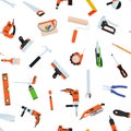 Seamless pattern with tools for repair.Roller, brush, paint, pencil, tool, hammer, tape measure, putty knife, pencil.