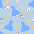 Seamless pattern with tooth fairy elements like a dress, magic wang. tooth and crown, on a blue background