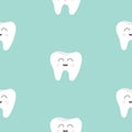 Seamless Pattern Tooth health. Cute funny cartoon smiling character. Oral dental hygiene. Children teeth care. Baby texture. Flat