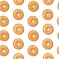 Seamless pattern, top view of fresh bagels with white and brown sesame seeds, white background. Vector illustration.