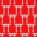 Seamless pattern with torii gate. Traditional japan gate sign. Background in asia style on red background in white color Royalty Free Stock Photo
