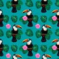 Seamless pattern with toucan bird sitting on branch around palm monstera leaves and flowers Royalty Free Stock Photo