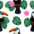 Seamless pattern with toucan bird sitting on branch around palm monstera leaves and flowers on white Royalty Free Stock Photo