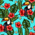 Seamless pattern of Toucan embroidery patches with tropical flowers and leaves.