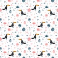Seamless pattern with toucan and leaves. Cute background with de Royalty Free Stock Photo