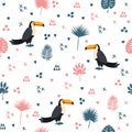 Seamless pattern with toucan and leaves. Cute background Royalty Free Stock Photo