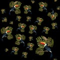Seamless pattern toucan and palm branches. Beautiful drawings. art print