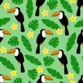 Seamless pattern with toucan, palm leaves and flower