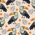 Seamless pattern toucans exotic and monstera leaves vector illustration