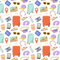 Seamless pattern with tourist accessories. Flat vector illustration on white background