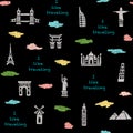 Seamless pattern with tourist attractions, illustration architectural monuments and famous places