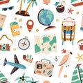 Seamless pattern with touristic items like passport, backpack, globe, cocktail, airplane, palm trees and map. Endless Royalty Free Stock Photo