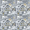 Seamless pattern with town, Christmas snow houses and trees. Winter Landscape. Black white monochrome pattern. Hand