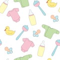 Seamless pattern from toys and clothes for the kid. A vector picture a rattle, a pacifier, a baby`s dummy .