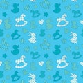 Seamless pattern with toys - horse, rabbit, duck, heart, star.