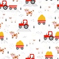 Seamless pattern with tractors and haystacks, cows and sheeps in childish cartoon style, ideal ornament for beddings Royalty Free Stock Photo
