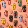 Seamless pattern with traditional African masks. 3d illustration Royalty Free Stock Photo