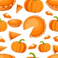 Seamless pattern of traditional American thanksgiving dessert pumpkin sweet pie whole and slice illustration on white backg