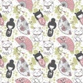 Seamless pattern with traditional asian souvenirs^ hand paper fans, kokeshi dolls, maneki neko and sakura flowers Royalty Free Stock Photo