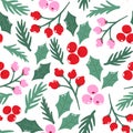 Seamless pattern with traditional Christmas foliage. Repeat design with red and pink berries, pine branches and ivy leaves on dark