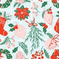 Seamless pattern with traditional christmas hand-drawn elements ib red, green and white colors. Christmas ornament, pine cone,