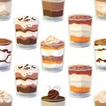 Seamless pattern with traditional English dessert trifle. Endless texture with sweet cake, chocolate and caramel in glass.