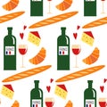 Seamless pattern with traditional french food: croissant, cheese, baguette, red wine.