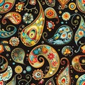 seamless pattern with traditional Indian paisley ornament on black background for decoration textiles Royalty Free Stock Photo