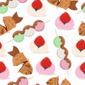 Seamless pattern traditional Japanese dessert Dango, Taiyaki and Daifuku. Vector illustration. Royalty Free Stock Photo