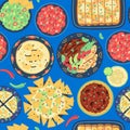 Seamless pattern of traditional mexican food on blue background. Mexican cuisine. Tortilla, quesadilla, fajitas, nachos