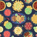 Seamless pattern of traditional mexican food on dark background. Mexican cuisine. Tacos, tortilla, fajitas, nachos