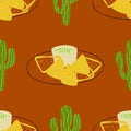 Seamless pattern with traditional Mexican food nachos with guacamole illustration with cactus