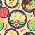 Seamless pattern of traditional mexican food on yellow background. Mexican cuisine. Tortilla, fajitas, nachos, burrito