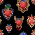 Seamless pattern with traditional Mexican hearts with fire and flowers, embroidered sequins, beads and pearls. Vector patches. Royalty Free Stock Photo