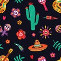 Seamless pattern with traditional Mexican symbols on black background - sombrero, guitar, cactus, maracas, chili pepper