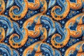 seamless pattern with traditional oriental Indian paisley ornament on blue orange background