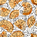 Seamless pattern with traditional pumpkin spices. Autumn backdrop Hand drawn Doodle nutmeg, cinnamon, cloves, pepper and Royalty Free Stock Photo