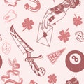 Seamless pattern with traditional tattoo designs: dice, clover, knife, lightning bolt, panther, tattoo machine, tooth, snake, hors Royalty Free Stock Photo