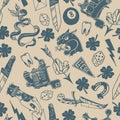 Seamless pattern with traditional tattoo designs: dice, clover, knife, lightning bolt, panther, tattoo machine, tooth, snake, hors