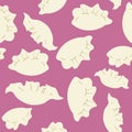 Seamless pattern of traditional Ukrainian Polish food varenyky pierogi on pink background.