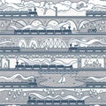 Seamless pattern with trains and road in gray colors. Cartoon background for Kids. Vector illustrations