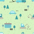 Seamless pattern: transport, houses, trees in the city in blue on green grass. Royalty Free Stock Photo