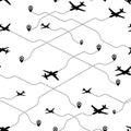 Seamless pattern travel concept. Airplane routes abstract for your design. Travel and tourism seamless background with dotted airp