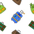 Seamless pattern with travel suitcases, valise and hiking backpack in cartoon style on white background